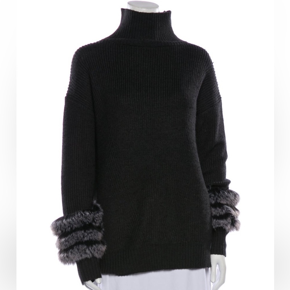 Adrienne Landau Black and Gray Cowl Neck Sweater with Fur Trim
